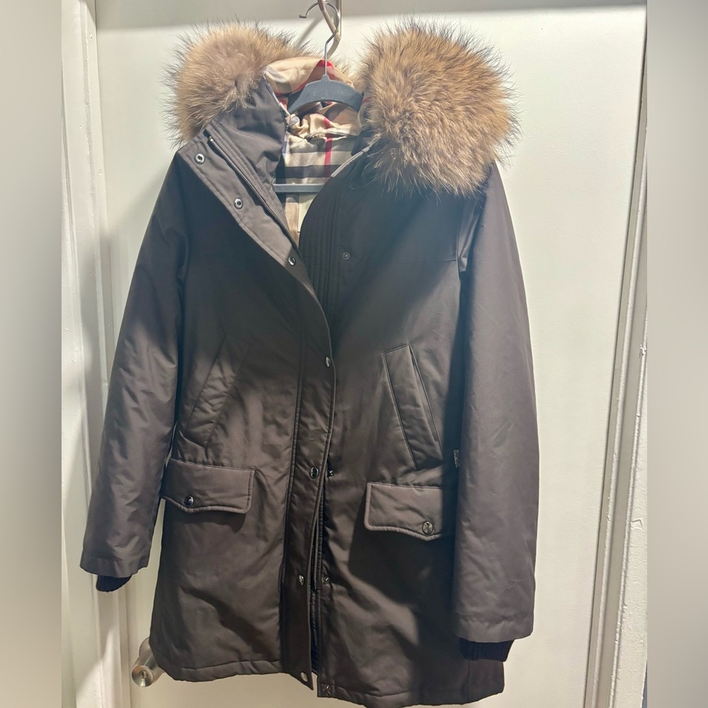 Authentic Burberry Brit brown Puffer Down Coat Jacket Real Fur Hood Winter M